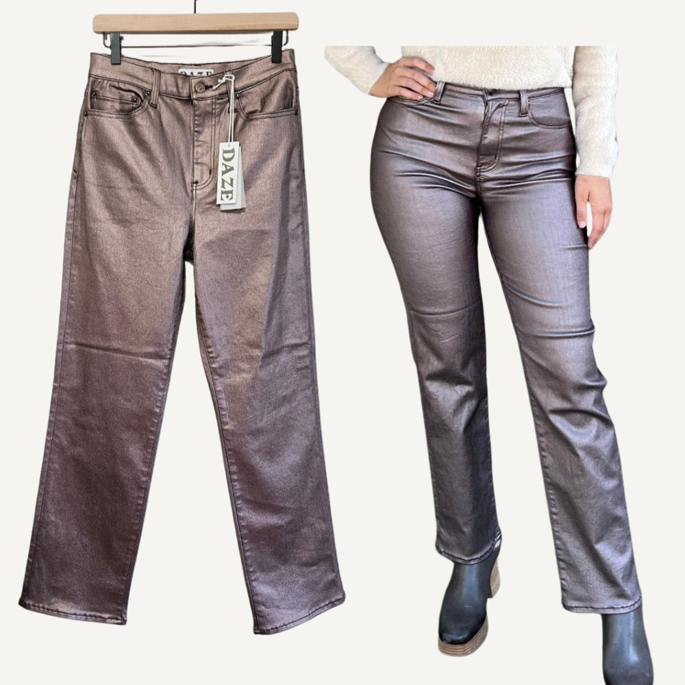 Daze Jeans Womens‎ 29 NWT Coated Penny Wash High Rise Straight Festival Metallic
